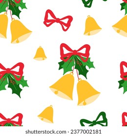 Seamless pattern with Christmas Bells with bow and leaves holly, Vector bright hand drawn illustration on white background