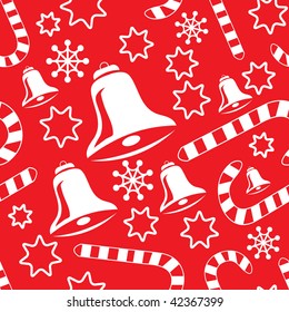 Seamless pattern with christmas bells, candy canes, snowflakes and stars. Vector illustration for your design.