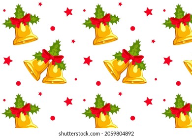 Seamless pattern with Christmas bells on white background. Packaging paper, textiles, banner. Home decor, holly leaves, red bow. Symbol of Christmas and New Year. Vector holiday illustration