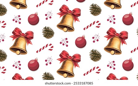 Seamless pattern with Christmas bells, ornaments, and candy canes, for holiday-themed web design or wrapping paper