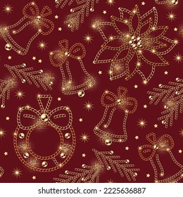 Seamless pattern with christmas bells, wreath, poinsettia, spruce branch of jewelry gold chains, shiny ball beads. Small stars, sparkles on red background For christmas, new year holiday decoration