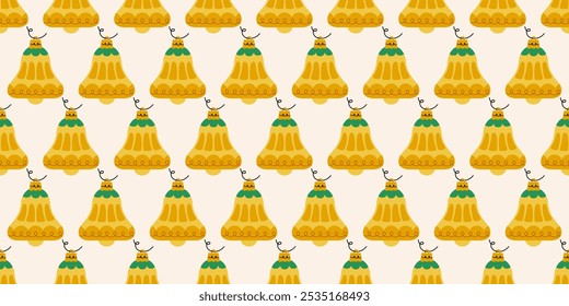 Seamless pattern with Christmas bells in yellow colors. New year joys, with traditional ornaments. Winter season wallpaper background. Noel. Retro print for fabric, wrapping paper, fabric, or cards.