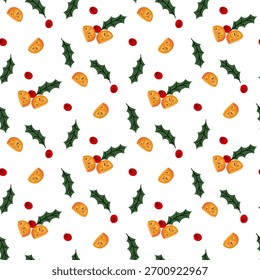 Seamless pattern with Christmas berries, holly, and citrus slices. Bright fruit motifs as decorations for dishes. Repetitive holiday background for winter decor, packaging, culinary-themed designs.
