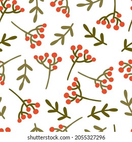 seamless pattern with Christmas berries and twigs. festive vector hand drawn illustration. print for fabric, wrapping paper, takeaway tableware.