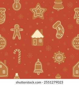 Seamless pattern with Christmas biscuits in a flat cartoon style. Christmas sweets Gingerbread Man, House, Sock. Vector