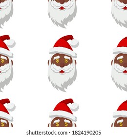 Seamless pattern for Christmas. Black Santa Claus with dollar symbol in eyes. Vector Illustration on transparent background