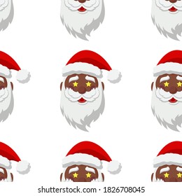 Seamless pattern for Christmas. Black Santa Claus with star in eyes. Vector Illustration on transparent background
