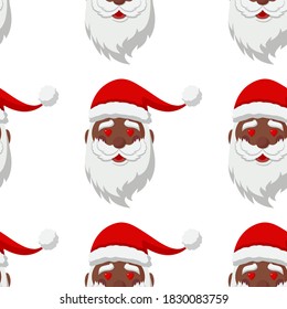 Seamless pattern for Christmas. Black Santa Claus with heart love symbol in eyes. Vector Illustration on transparent background