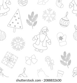 Seamless pattern Christmas black and white graphic vector illustration. New Year elements