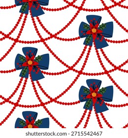 Patrón sin fisuras con lazos azules de Navidades decoradas con acebo, flor de Pascua, bayas y guirnaldas de cuentas rojas conectadas. Impresión de estilo plano para papel de embalaje festivo, tela y textura de embalaje elegante