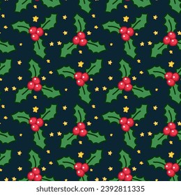 Seamless pattern with Christmas botanical greenery plants. Endless texture for gift wrap, wallpaper, web banner, wrapping paper and fabric. Vector holiday background.