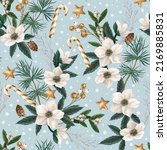 Seamless pattern with Christmas botanical plants, flowers and bells. Textile or wallpaper print