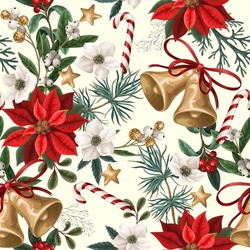 Seamless Pattern With Christmas Botanical Plants, Flowers And Bells. Textile Or Wallpaper Print