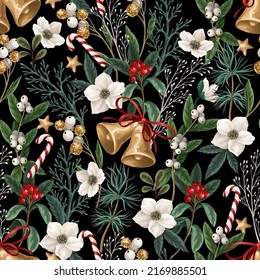 Seamless Pattern With Christmas Botanical Plants, Flowers And Bells. Textile Or Wallpaper Print