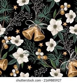 Seamless pattern with Christmas botanical plants, flowers and bells. Textile or wallpaper print