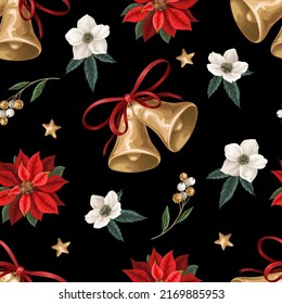 Seamless Pattern With Christmas Botanical Plants, Flowers And Bells. Textile Or Wallpaper Print