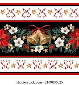 Seamless Pattern With Christmas Botanical Plants, Flowers And Bells. Textile Or Wallpaper Print