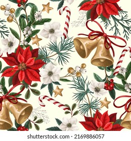 Seamless pattern with Christmas botanical plants, flowers and bells. Textile or wallpaper print