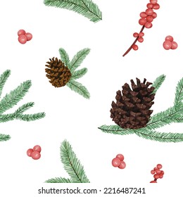 Seamless pattern with Christmas botanical plants. Repeat fabric wallpaper print texture. Perfectly for wrapped paper, backdrop, frame or border.