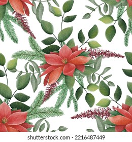 Seamless pattern with Christmas botanical plants and flowers. Repeat fabric wallpaper print texture. Perfectly for wrapped paper, backdrop, frame or border.