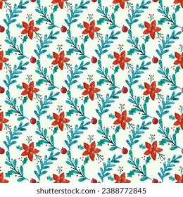 Seamless pattern with Christmas botanical plants, flowers and berries. Textile or wallpaper print