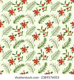 Seamless pattern with Christmas botanical plants, flowers and berries. Textile or wallpaper print