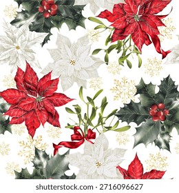 Patrón sin fisuras con Navidades de plantas botánicas, bayas de acebo, blanco y rojo Poinsettia, muérdago sobre un fondo blanco. Dibujado a mano.
