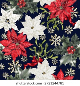 Patrón sin fisuras con Navidades plantas botánicas, bayas de acebo, blanco y rojo Poinsettia, muérdago, dibujado a mano, Vector.