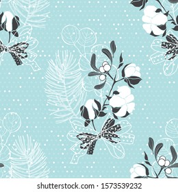 Seamless pattern with christmas bouquets on polka dot background. Vector. Festive floral background with cotton branch, Christmas tree branch, mistletoe, eucalyptus.