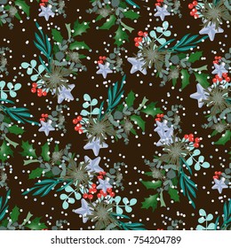 Seamless pattern with Christmas bouquets and snow. Design of wallpaper, fabric, card, packaging and decorative textile. Concept for Happy Thanksgiving, Merry Christmas, New year