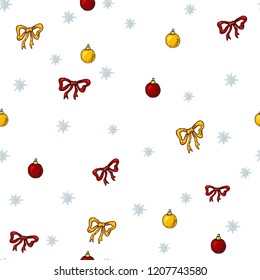 Seamless pattern with christmas bow. Colorful Christmas balls and bows on seamless background.
