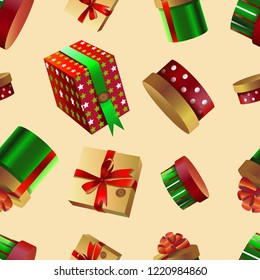 Seamless pattern of Christmas boxes with gifts on a beige background
