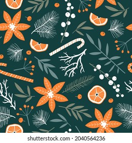 Seamless pattern with Christmas branches and berries. Trendy vintage style. 