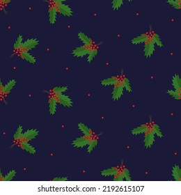 Seamless pattern with Christmas branches and berries, vector illustration, viburnum leaves background.