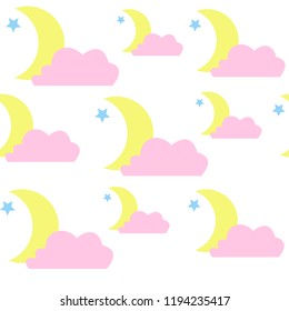 Seamless pattern, christmas bright greeting cards, pink cloud, moon and star, vector illustration for winter holiday design
