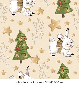  Nahtloses Muster mit Weihnachtsbunny auf Winterhintergrund. Zum Bedrucken auf Stoff, Postkarten, Papier. Vektorgrafik.
