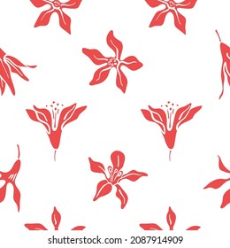 Seamless pattern with Christmas bush flowers. Colorful paper cut Christmas symbols isolated on white background. Christmas design elements. Doodle hand drawn vector illustration.