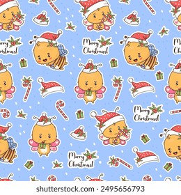 Seamless pattern with Christmas butterfly and bee in Santa hat. Holiday cartoon kawaii insect on blue background with holly and striped candy. Vector illustration. New Year backdrop