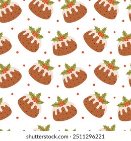 Seamless pattern with Christmas cake and berries