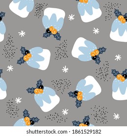 Seamless pattern with Christmas cake and snowflakes. Holiday print. Vector hand drawn illustration.