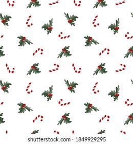 
patrón impecable con caramelos de Navidad y ramas con bayas sobre un fondo blanco. imprimir para el diseño de papel envolvente para regalos, telas, tarjetas, carteles.