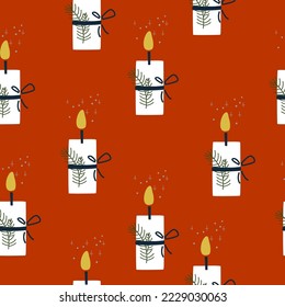 Nahtloses Muster mit Weihnachtskerze, Bogen- und Tannenarm. Ideal für Neujahr- und Weihnachtskarten, Stoffdruck, Papier, Becher, Rucksäcke, Merch.