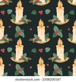 Seamless pattern with Christmas candle decorated with holly. Vector holiday texture in flat style. Merry Christmas and Happy New Year. Suitable for wallpaper, wrapping paper, fabric, etc