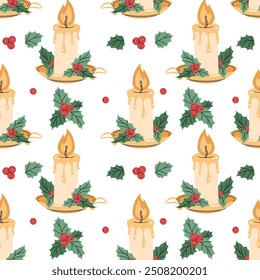 Modelo inconsútil con la vela de las Navidades decorada con el acebo. Textura de vacaciones de Vector en estilo plano. Felices Navidades y Feliz Año Nuevo. Conveniente para el Fondo de pantalla, papel de embalaje, tela, etc