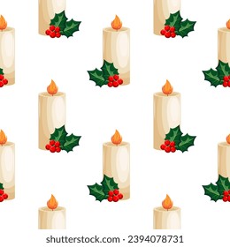 Nahtloses Muster. Weihnachtskerzen und heilig mit Beeren auf weißem Hintergrund. Print, Hintergrund, Vektorgrafik