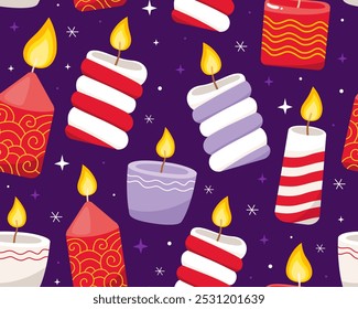 Modelo inconsútil con las velas de las Navidades en un fondo púrpura. Velas de Navidad blancas, púrpuras y rojas. Patrón para el papel de embalaje del año Nuevo, tarjetas, decoración, tela.