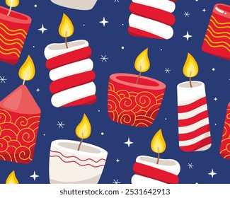 Seamless pattern with Christmas candles on a blue background. White and red burning christmas candles. Pattern for New Year's wrapping paper, cards, decor, fabric.