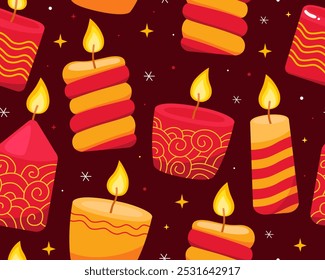 Seamless pattern with Christmas candles on a dark red background. Yellow and red burning christmas candles. Pattern for New Year's wrapping paper, cards, decor, fabric.