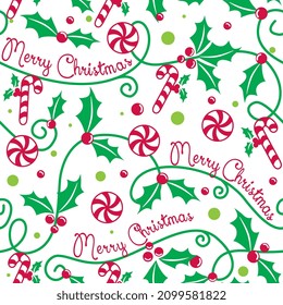 Seamless Pattern of Christmas with Candy Cane and Merry Christmas wordings-Christmas Vector Design  