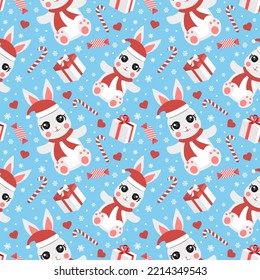 seamless pattern with christmas candy cane caramel, banny and snowflakes, endless background, repeating texture